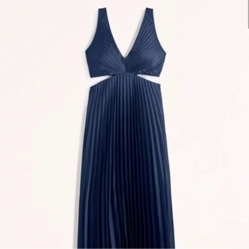 A&F Giselle Pleated Cutout Maxi Dress Navy Blue Size Small Satin